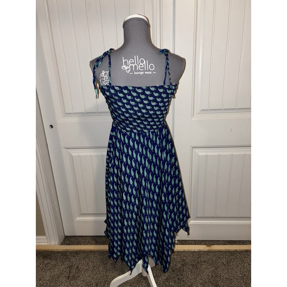 Tempol Silk Midi Dress Navy Teal Mixed Block Print Smocked Boho Chic Festival - Picture 3 of 7